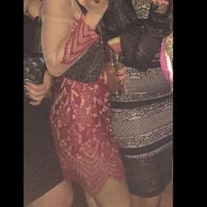 Sexy red lace dress with sheer sleeves and back